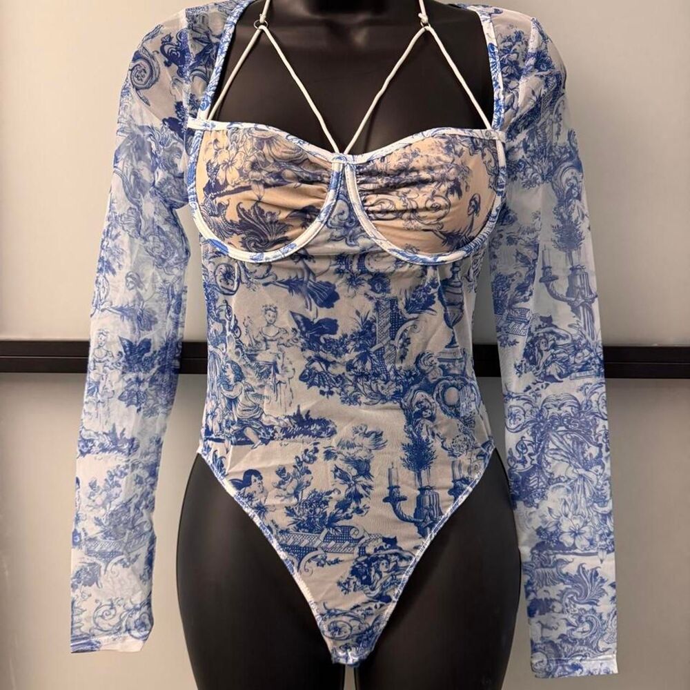Fashion Nova Blue & White Printed Mesh Bodysuit โ Size S